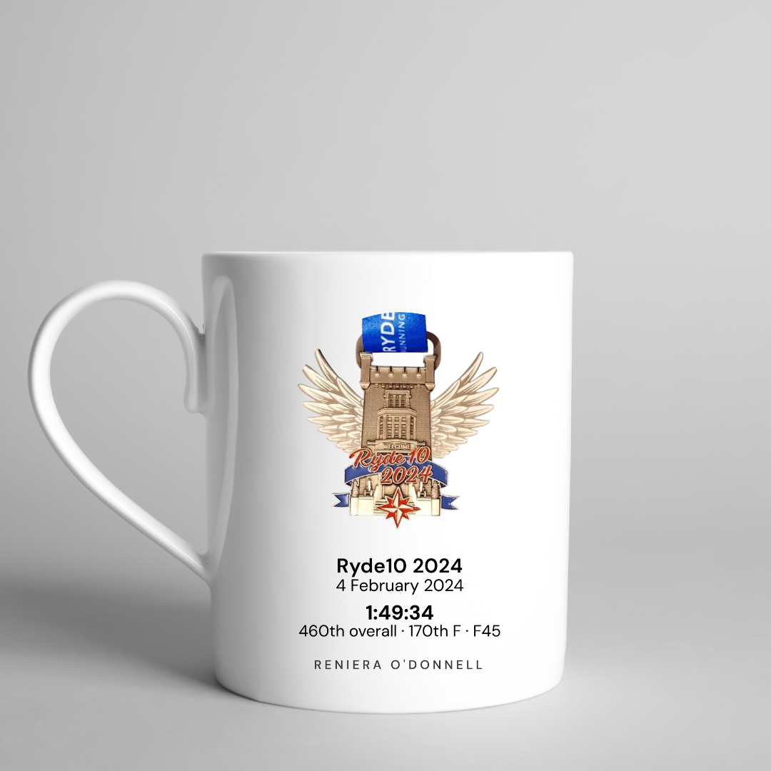 A mug printed with a runner's medal